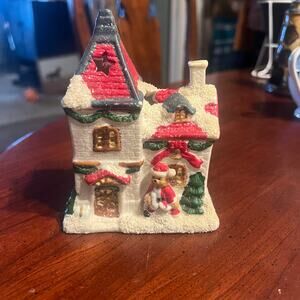 Vintage Christmas Cottage with Santa Bear Candle Holder Ornament Holiday Sparkle